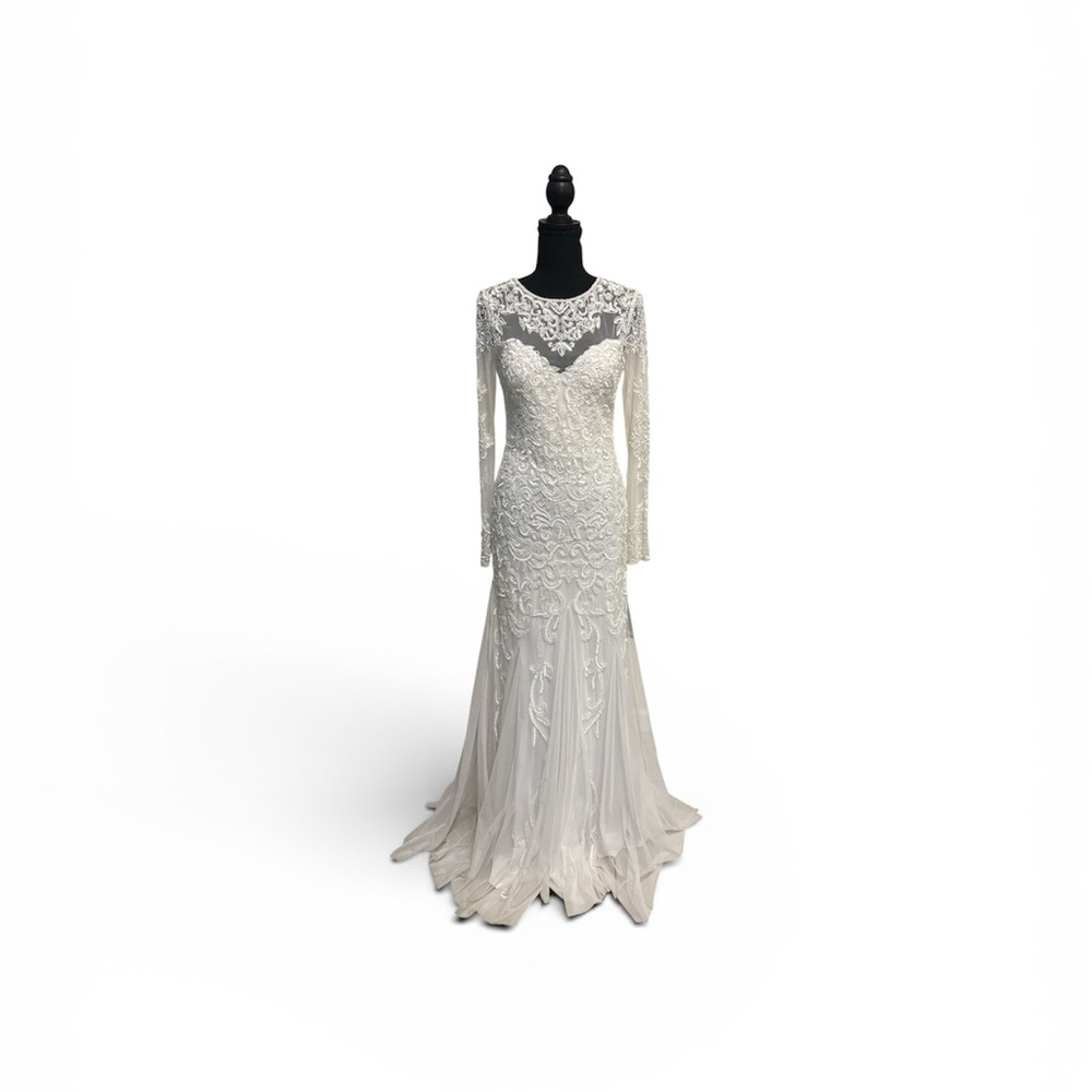 Adrianna Papell Ivory Long Sleeve Fully Beaded Gown